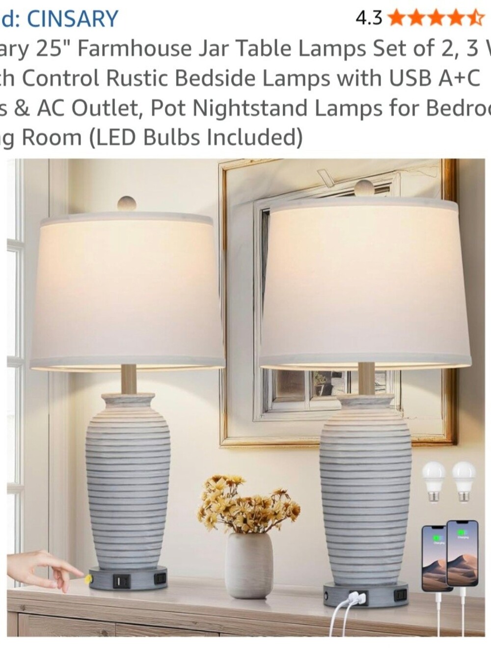 CINSARY 25-inch Farmhouse Jar Table Lamps Set of 2 Gray & White Table Lamps Set
